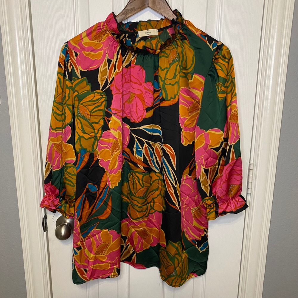 Entro Floral Mock Neck Ruffle Blouse Pink Mustard Green XL Boho Flowy